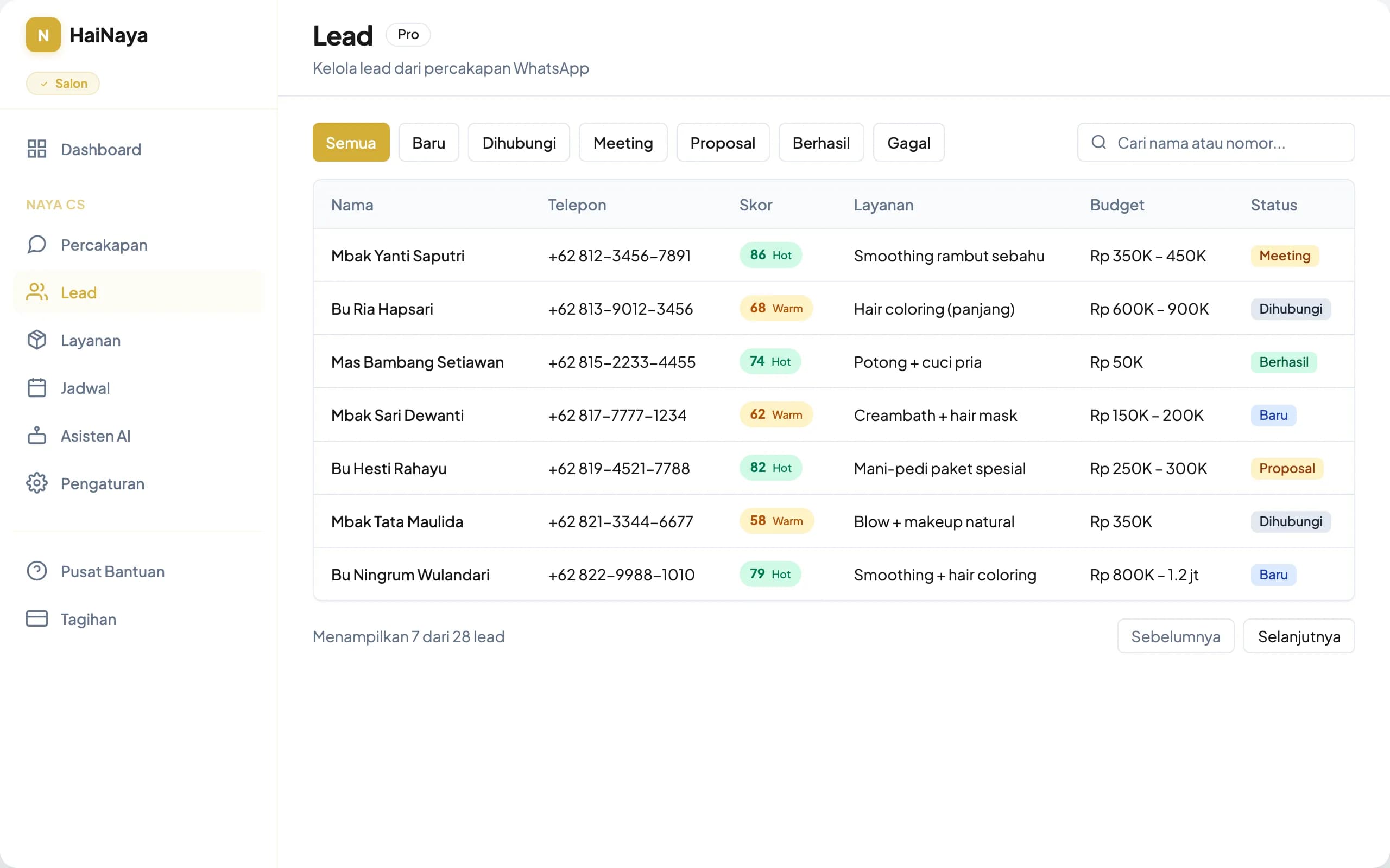 Dashboard HaiNaya untuk Salon Sumber Sari menampilkan percakapan dan lead salon
