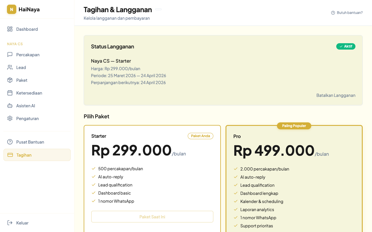 Halaman tagihan dan riwayat pembayaran di HaiNaya