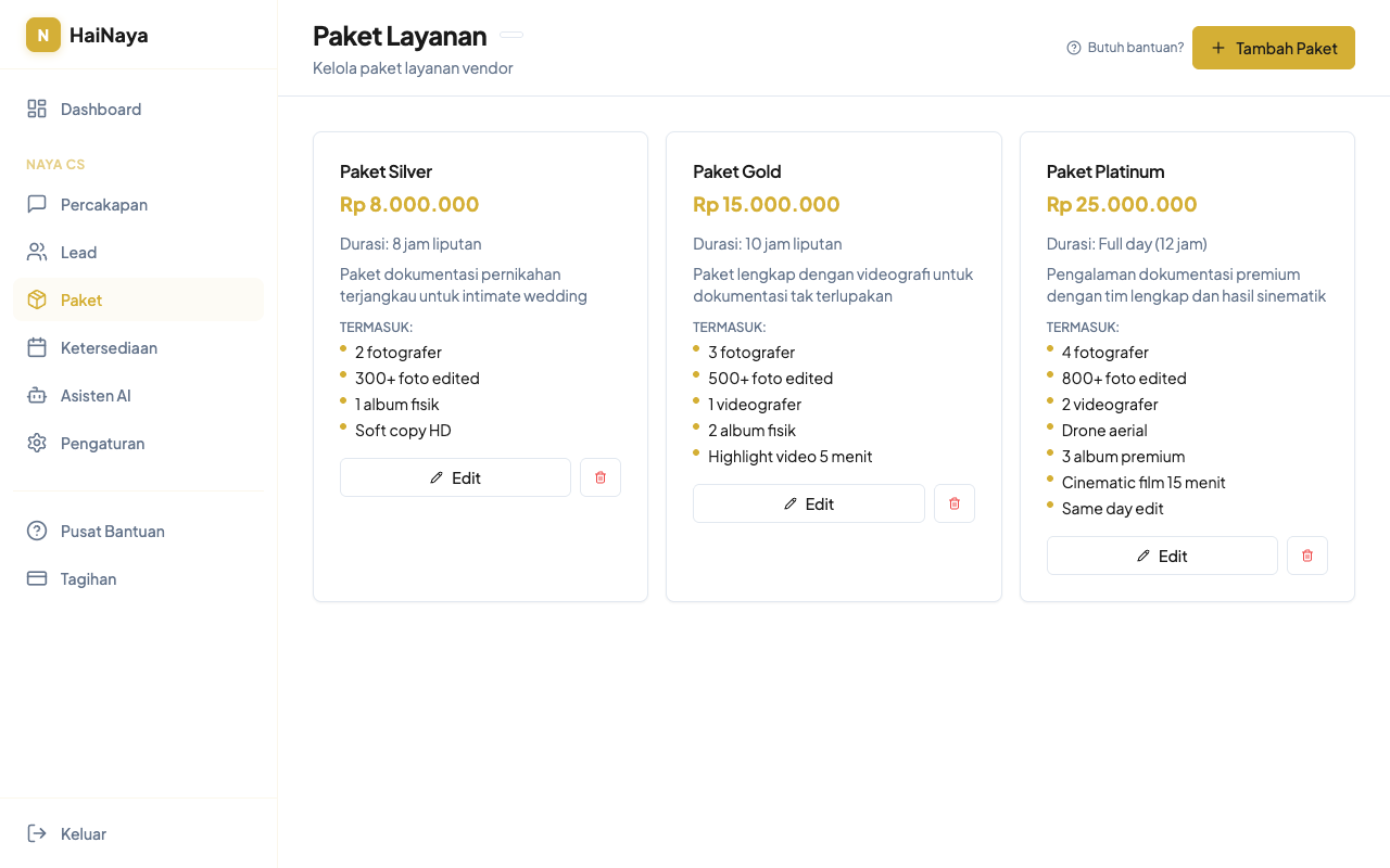 Halaman daftar paket layanan di HaiNaya