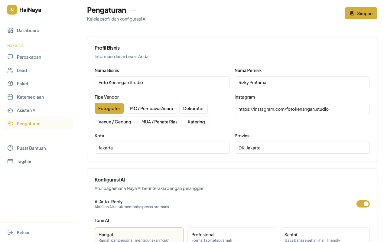 Halaman pengaturan profil bisnis dan konfigurasi AI
